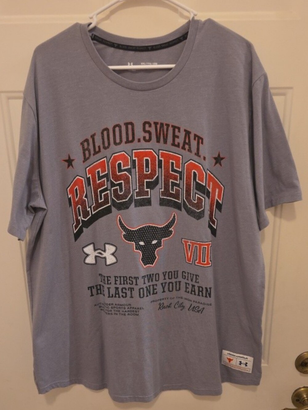 Under Armour Project Rock Shirt Men's XXL Grey Blood Sweat Respect Brahma Bull